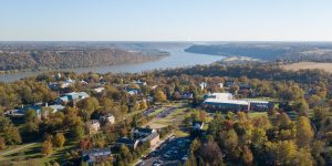 aerial shot of campus and Ohio River during the fall