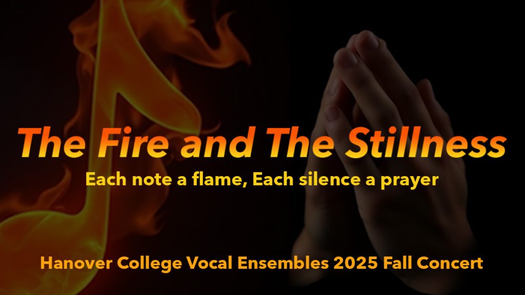 Concert title with flaming musical note and hands in prayer