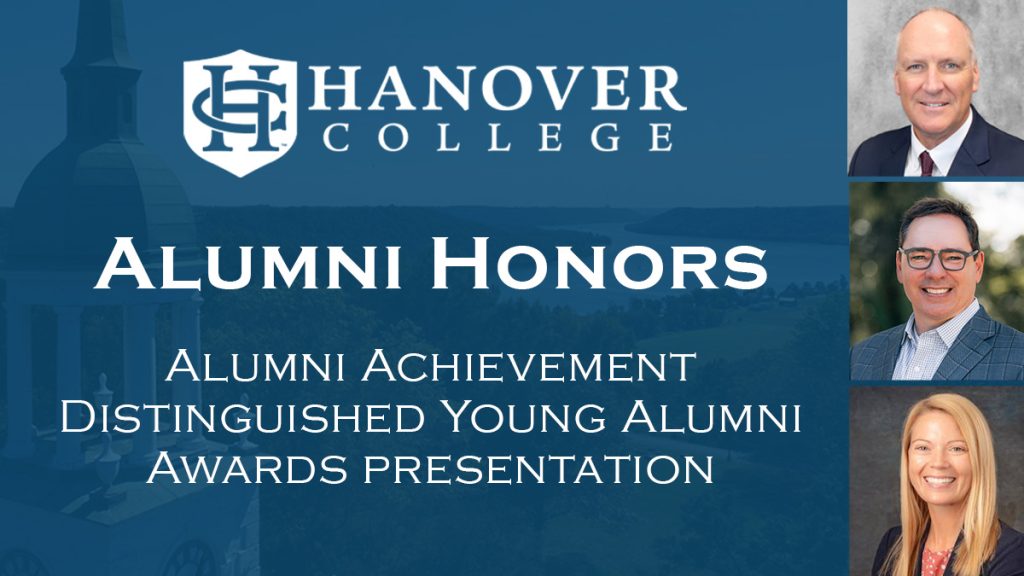 Alumni awards presentation with photos of three recipients